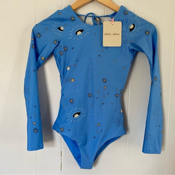 NWT MOLA MOLA Astral Tiger Surf Teen Swimsuit Blue Celestial Tie Long Sleeve - Picture 4 of 10